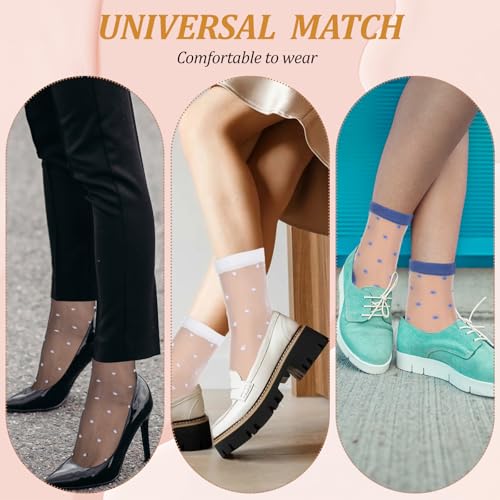 4 Pairs Women's See Through Socks - Ankle High, Polka Dot, Breathable, White, Black, Turmeric, Blue, Medium2
