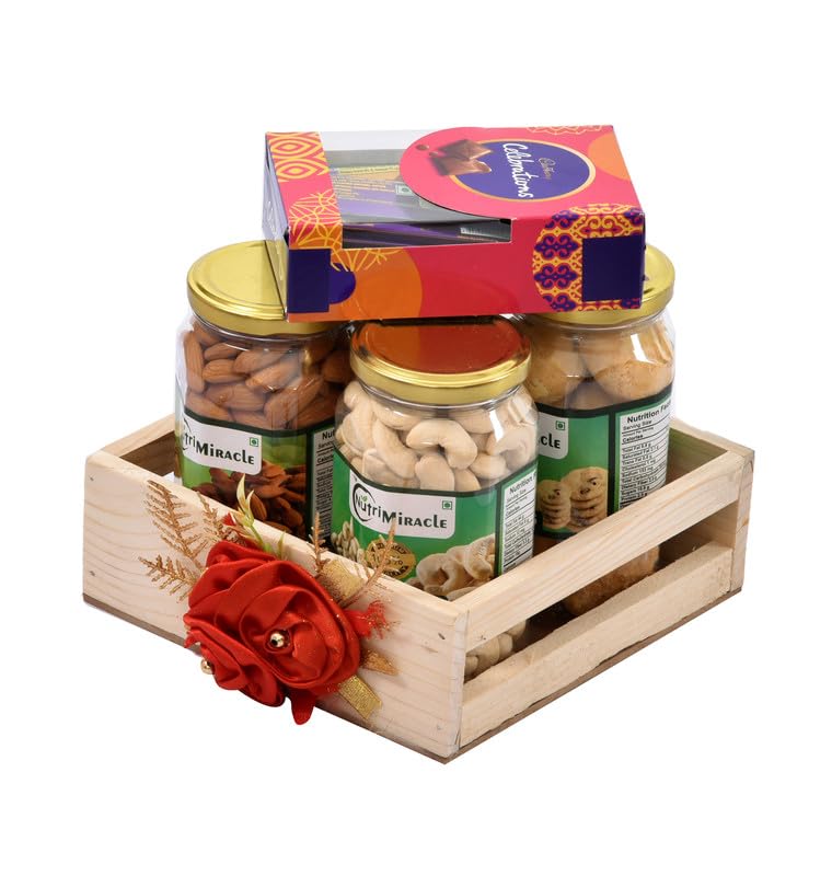 Image of NUTRI MIRACLE Diwali Chocolates Dry Fruits Nuts Gift Hamper with Laddu Candles for Family Friends