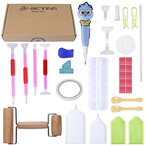 MACTING Diamond Painting Tools, 29PCS 5D Diamond Painting Accessories Kit with Lamp Drill Pen, 2 in 1 Design Wooden Roller, Diamond Painting Embroidery for Adults