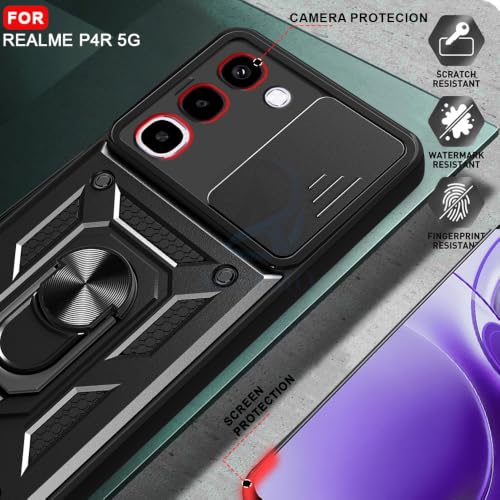 Image of AESTMO Tough Armor Realme P4R 5G Bumper Back Case Cover | Ring Holder & Sliding Camera Shield Cover | 360 Degree Protection Back Case Cover for Realme P4R 5G (Black)