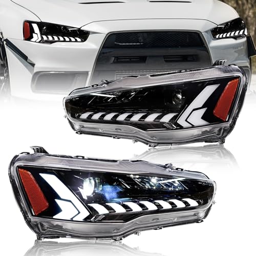 letsdate Headlights Compatible with Lancer EVO X 2008-2020 w/Blue to White Animation with Amber Switchback Turn Signal, Amber Reflector