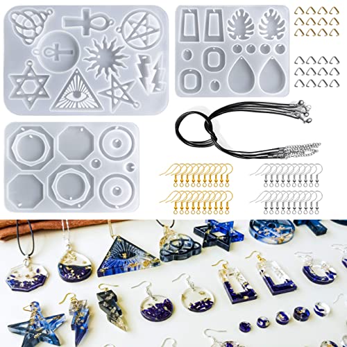 Zqyjj 72Pcs Resin Jewelry Molds, 3Pcs Resin Earring Mold With Hanging Hole, With Black Waxed Necklace Cord, Earring Hooks, Jump Rings, Diy Jewelry Resin Casting Molds For Pendant, Earrings, Necklace #TOP10
