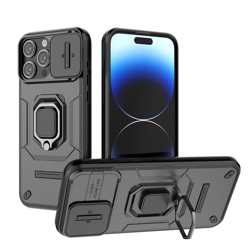 Image of Polycarbonate Camshield Pro Case With Slide Camera Protection And 360 Protection Ring Stand Bumper Back Case Cover For iPhone 15 Pro (Black)