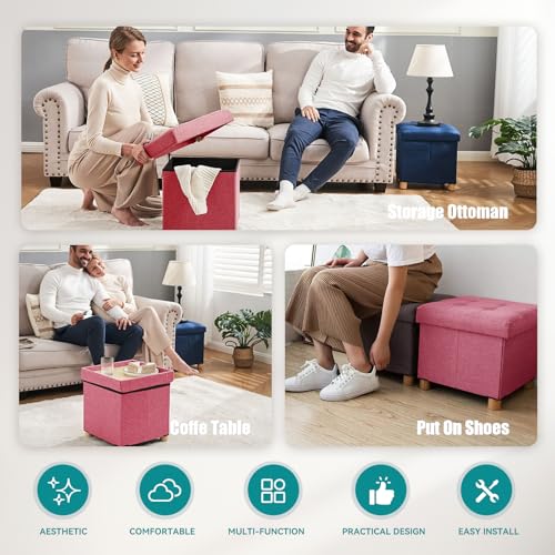 Storage Ottoman Foot Stool with Folding Design - Hot Pink