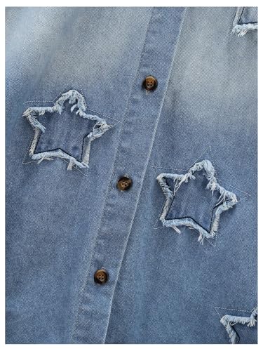 MakeMeChic Girl's Star Denim Jacket Coat Long Sleeve Collared Y2K Button Down Shirt4