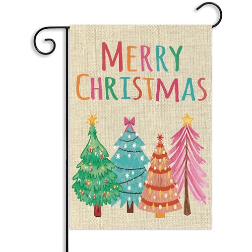 WATINC Merry Christmas Garden Flag - 12 x 18 Inch Colorful Double Sided Christmas Tree Decor for Outside Pastel Winter Holiday Festive Welcome Sign Yard Outdoor Decorative for Lawn Party Supplies