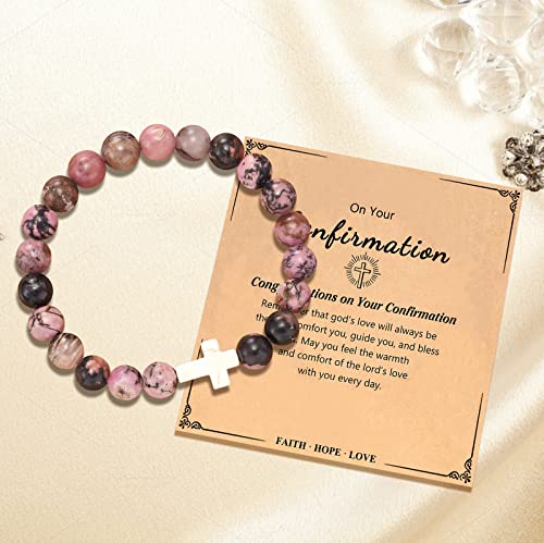 Image of Confirmation Gifts for Teenage Cross Charm Beaded Bracelet for Women /Men Relax Anxiety Jewelry Faith Gifts Catholic Sponsor Gift (Red)