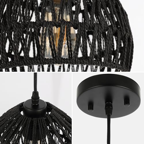 Image of JONATHAN Y 10.25 inch Black Modern Bohemian Woven Rope LED Pendant Light Fixture, Adjustable Dome Ceiling Lamp for Kitchen Island, Rope Shade, Coastal Farmhouse Decor (JYL6513B)