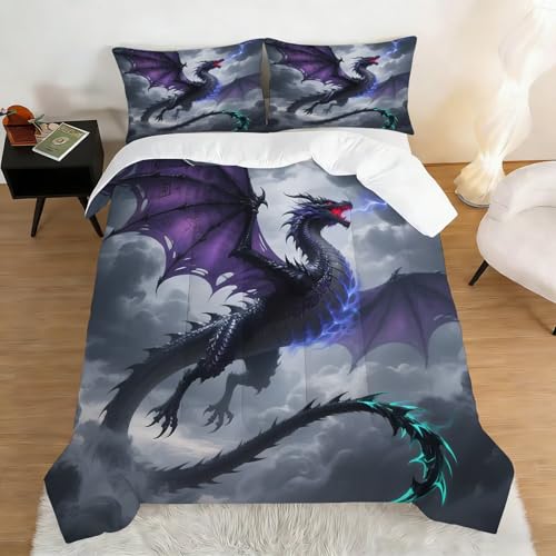 Image of 3D Dragon Comforter Set Full Size Lightning Dragon Animal Bedding Sets for Girls Boys Kids Adults Bedroom Decor Thunder Magical Beast Quilt 1 Comforter 2 Pillowcases