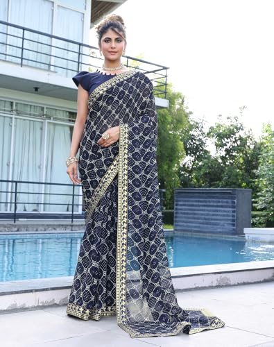 Image of Yashika Women's Georgette Saree with Lace Border | Checkered Geometric Digital Printed Saree for Women