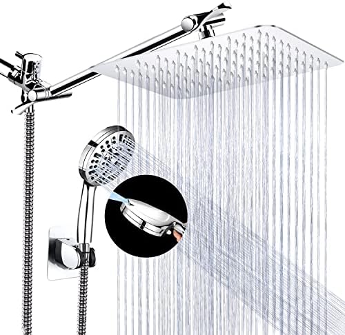 Qinmor Shower Head, 8 inch High Pressure Hydrojet Rainfall Shower Head / 6 Spray Settings Handheld Showerhead Combo with 11 inch Extension Arm, Anti-leak Shower Head with Holder, 1.5M Hose, Chrome