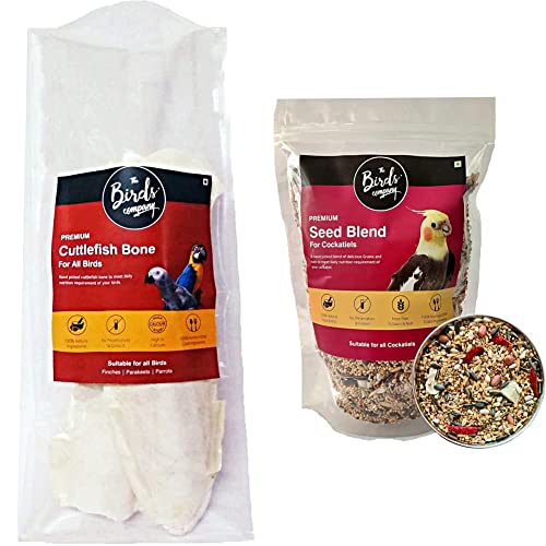Image of The Birds Company Premium Cuttlefish Bone, Bird Calcium, 100 g & Premium Seed Blend of 9 Grains & Nuts, Fortified with Spirulina & Cuttlefish Bone, Bird Food, 450g