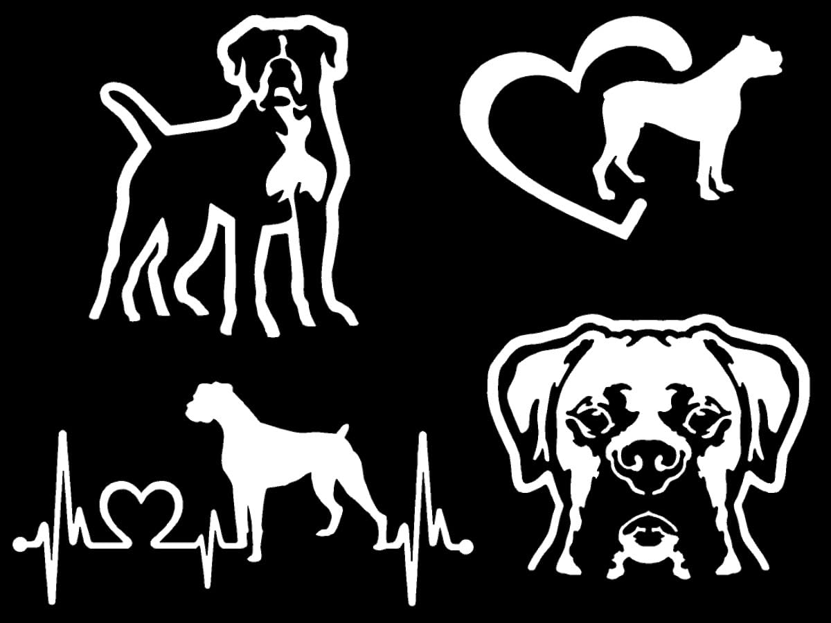 Boxer Decal 4 Pack: Boxer Dog Breed Standing, Boxer Heartbeat, Boxer Heart, Detailed Boxer Face Decals (Large ~5", White)