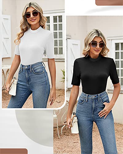 Ficerd 2 Pack Women's Tops Dressy Casual, Mock Neck Tops Half Short Sleeve Turtleneck Stretch Fitting Blouse For Women (Black/White, X-Large) #TOP4