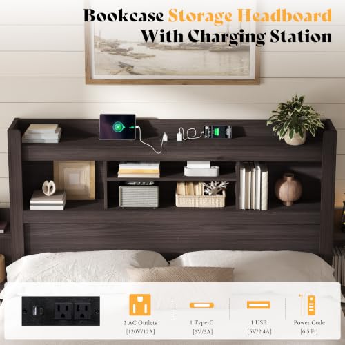 Image of AMERLIFE Queen /Full Size Wood Headboard Only with Storage, Black Oak