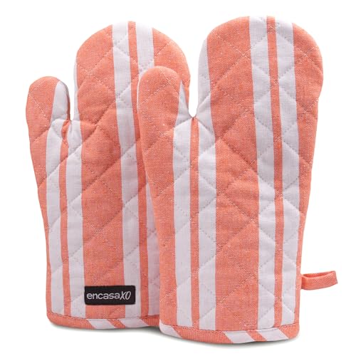 Image of Encasa XO Oven Gloves for Microwave (2 pc Set) - Heat Proof, Thick & Safe | Longer 18x30 cm Mittens for Protection in Kitchen Cooking & Baking - Franca Orange Stripes