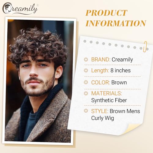 Image of Creamily Curly Hair Wig for Men, Male Wigs That Look Real,Artificial Fake Hair for Men,Short Full Wig for Man Synthetic Wigs for Boys for Daily Party Use (Brown, 8 Inches)