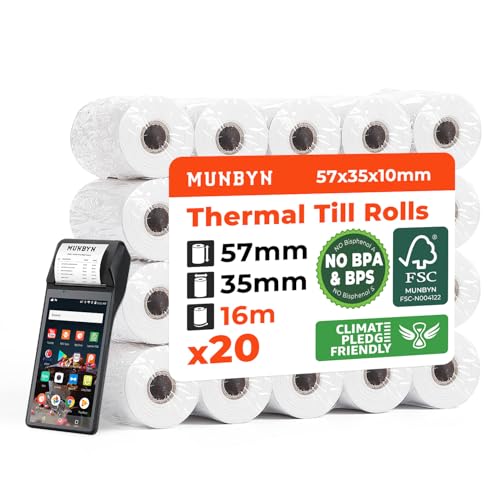 MUNBYN Rollo Papel Térmico 57mm x35mm x16m Papel Datafono, Papel Termico para Máquinas PDQ, POS, EPOS, Impresora Tickets  Papel TPV 57mm   Libre de BPA/BPS【20 Rollos】