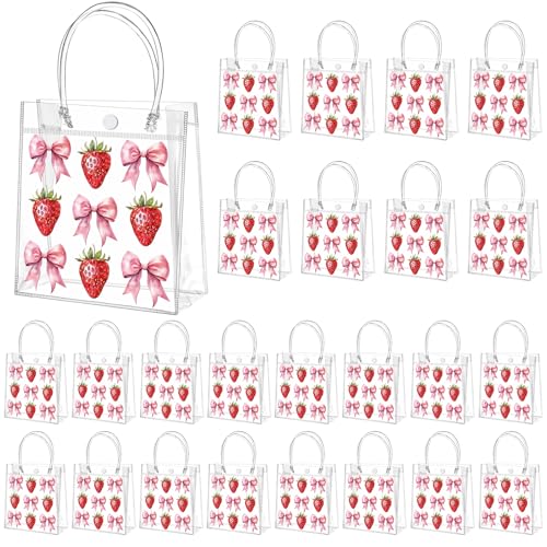 Tioncy 24 Pcs Strawberry Pink Bow Clear Gift Bags with Handles