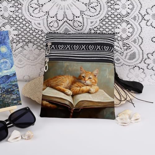 Book Orange Cat Art Print Crossbody Bag Women & Adult Teens Travel Shoulder Purse Adjustable Strap Men Messenger Bag Birthday Gift Literary Cat Lover Present​​3