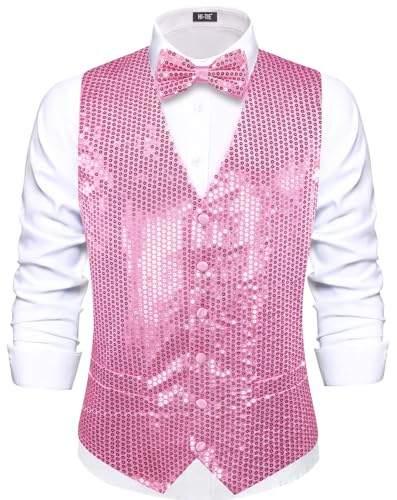 Hi-Tie Men's Sequin Vest Bowtie Prom Suit Vest for Men Tuxedo Dinner V Neck Slim Fit Waistcoats