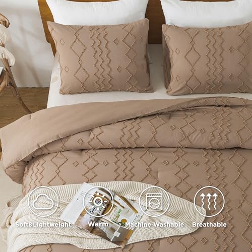 Image of Andency Taupe Tufted Comforter Set Full(79x90Inch), 3 Pieces(1 Boho Comforter, 2 Pillowcases) Textured Farmhouse Bed, Soft Down Alternative Geometric Bedding Set