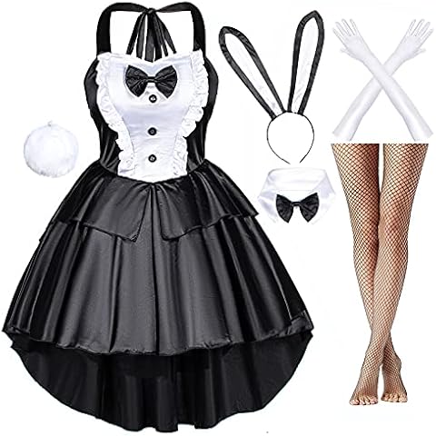 Classic Fancy Bunny Girl Tuxedo Style Black Dress Cosplay Costume Tail Ears Stockings Gloves Set, Black, S Cover