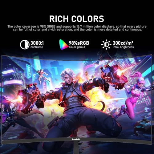 Image of Gawfolk 27 Inch PC Computer Screen,1800R Curved Gaming 250Hz Monitors, FHD 1080p 1ms, Freesync, 98% sRGB,Built-in Speaker, HDMI2.0、DisplayPort, Compatible with Wall-Mounted 100 * 100MM-Black