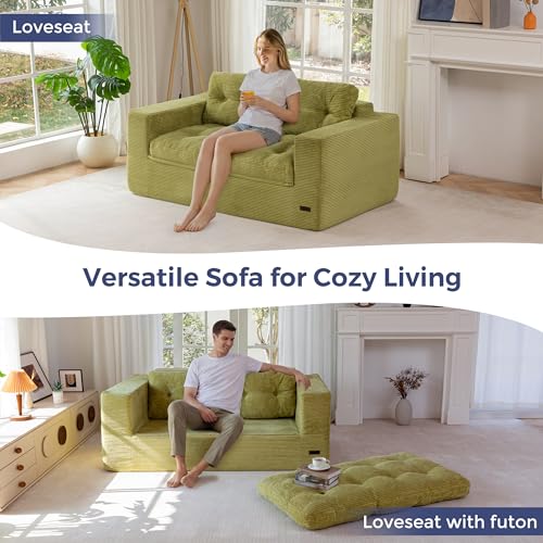 Image of MAXYOYO 63 inch Loveseat Sofa Couch for Small Spaces, Upholstered Boneless Cloud Couch for Apartment Bedroom, 2-Seater Love Seat Floor Modern Sofa with Pillows, No Assembly Required, Green
