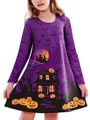 Deerose Girls Halloween Dresses Long Sleeve Holiday Swing Dress Crewneck Cute Printed Outfits 3-14 Years