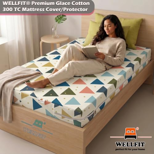Image of WELLFIT Premium Glace Cotton 300 TC Mattress Cover /Protector for Single Size Bed with Zip /Chain /3x6 ft / 36x72x6 inch