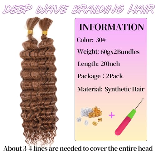 YYQXZG Deep Wave Bulk Hair for braiding 20 Inch No Weft Synthetic Curly Braiding Hair Extensions for Boho Braids (2bundles,120g,30#) - Image 3