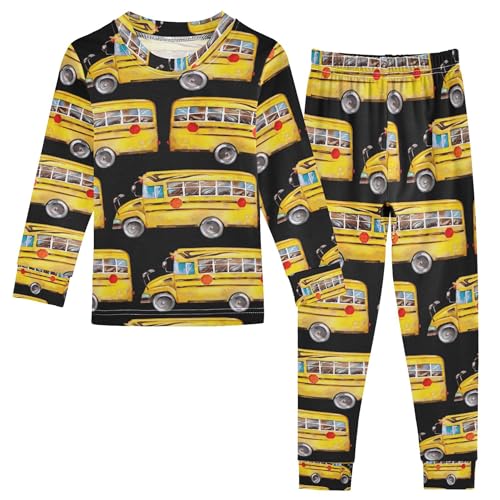 Watercolor Yellow School Bus Pajama Sets Long Sleeve Top with Pants Cotton Soft Sleepwear 2 Piece Pjs Set, 8 Years Old
