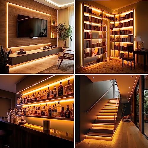 Image of COB LED Strip Lights, Dotless LED Lights with Remote& App, 49.2ft Warm White 2700K Super Bright Dimmable 24V Flexible LED Tape Light,Kitchen Cabinet,Office,Stairs,Shelf Indoor Lighting.