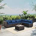 Rattaner Outdoor Sectional Sofa Set 7 Pieces Wicker Patio Furniture Couch Glass Table with Non-Slip Cushions Furniture Cover, Navy Blue