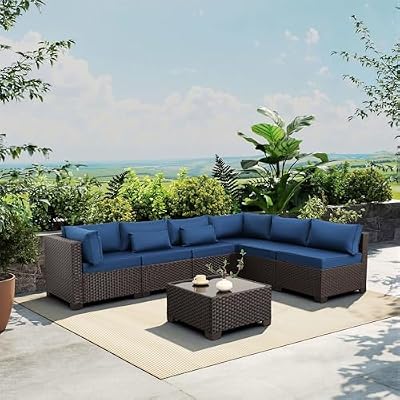 Rattaner Outdoor Sectional Sofa Set 7 Pieces Wicker Patio Furniture Couch Glass Table with Non-Slip Cushions Furniture Cover, Navy Blue