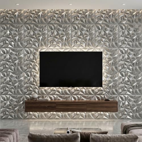 Image of Kayra Decor 3D PVC Wall Panels - Diamond Design, Silver Color | 19.7 x 19.7 Inches | Pack of 12 | Covers 32.28 Sq. Ft. | Wall Decor Panels for Living Room, Bedroom & Office