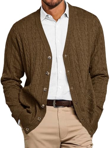 Runcati Mens Cable Knit Cardigan Sweater V Neck Casual Button Down Sweaters Long Sleeve Fall Outwear with Pockets Deep Brown