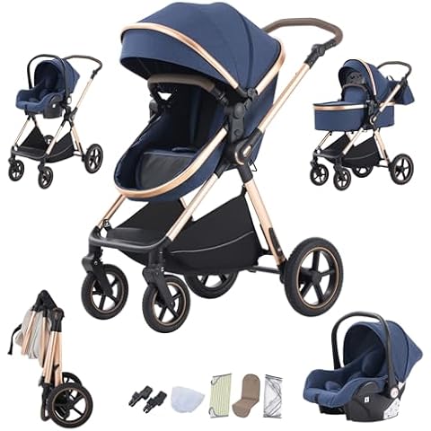 Shineey 3 in 1 Pram Pushchair Aluminium Frame High Landscape Combined Strollers Lightweight Folding Stroller 3 Cover