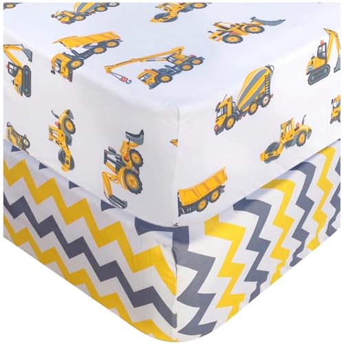 Image of Handywa - 2 Pack 100% Cotton Fitted Crib Sheets for Baby Boy - Construction Trucks & Chevron Print (Yellow, Gray) - Fits Standard Crib & Toddler Bed Mattress