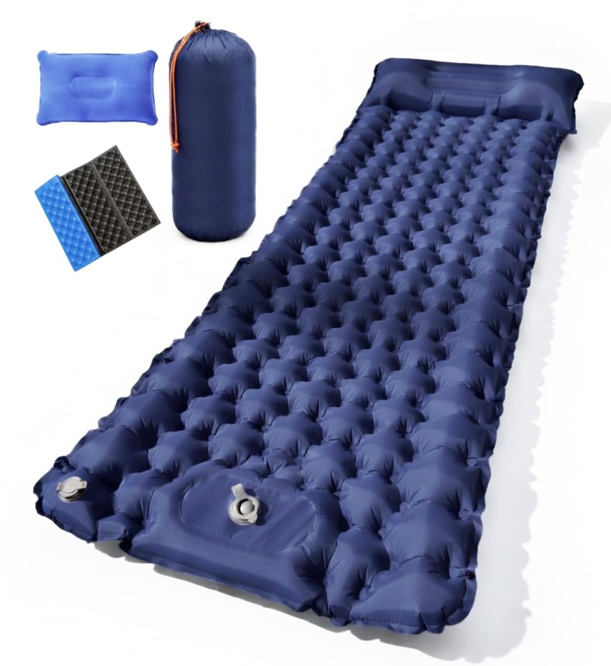 Camping Sleeping Pad, Ultralight Inflatable Sleeping Mat with Built-in Foot Pump, Pillow, Sit Mat, Portable Pillow, Foot Pump Air Mattress, Compact for Backpacking Hiking Traveling Tent (Navy Blue)