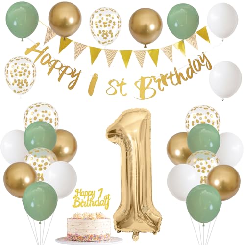 Image of 1st Birthday Decorations for Boys Girls, Sage Green White Gold Birthday Balloons with Happy 1st Birthday Banner First Birthday Cake Decoration Number 1 Balloon for Baby 1 Year Old Birthday Party Decor
