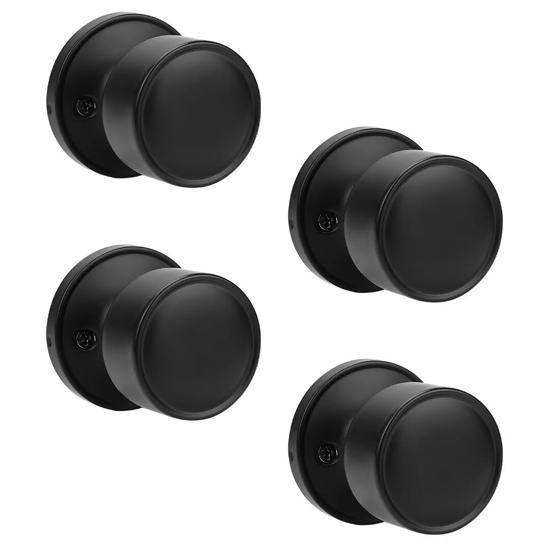 NIZADO One Sided Matte Black Door Knobs Interior 4 Pack, Flat Keyless Dummy Door Knob for Bifold Doors No Lock, Non-Turning Modern Black Door Handle
