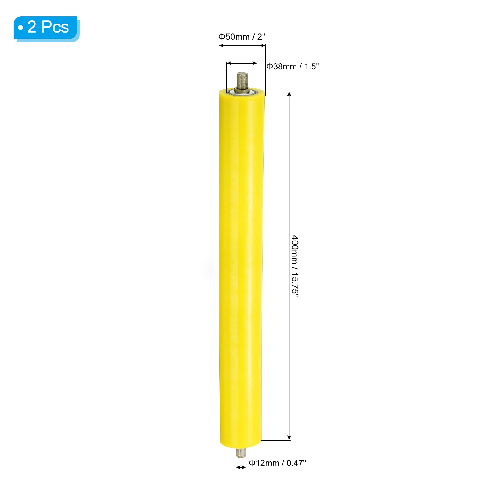 PATIKIL Polyuréthane Revêtement Convoyeur Rouleau 2" Diamètre 16" Longueur, 2 Paquet Inox Acier Transmission Remplacement Pièce Galvanisé Fin, Jaune