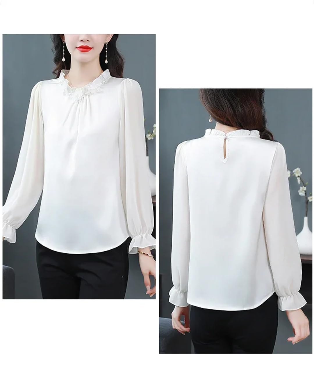 Camisas de gasa para mujer, blusas sueltas de color liso, cuello redondo, ropa de mujer de manga larga