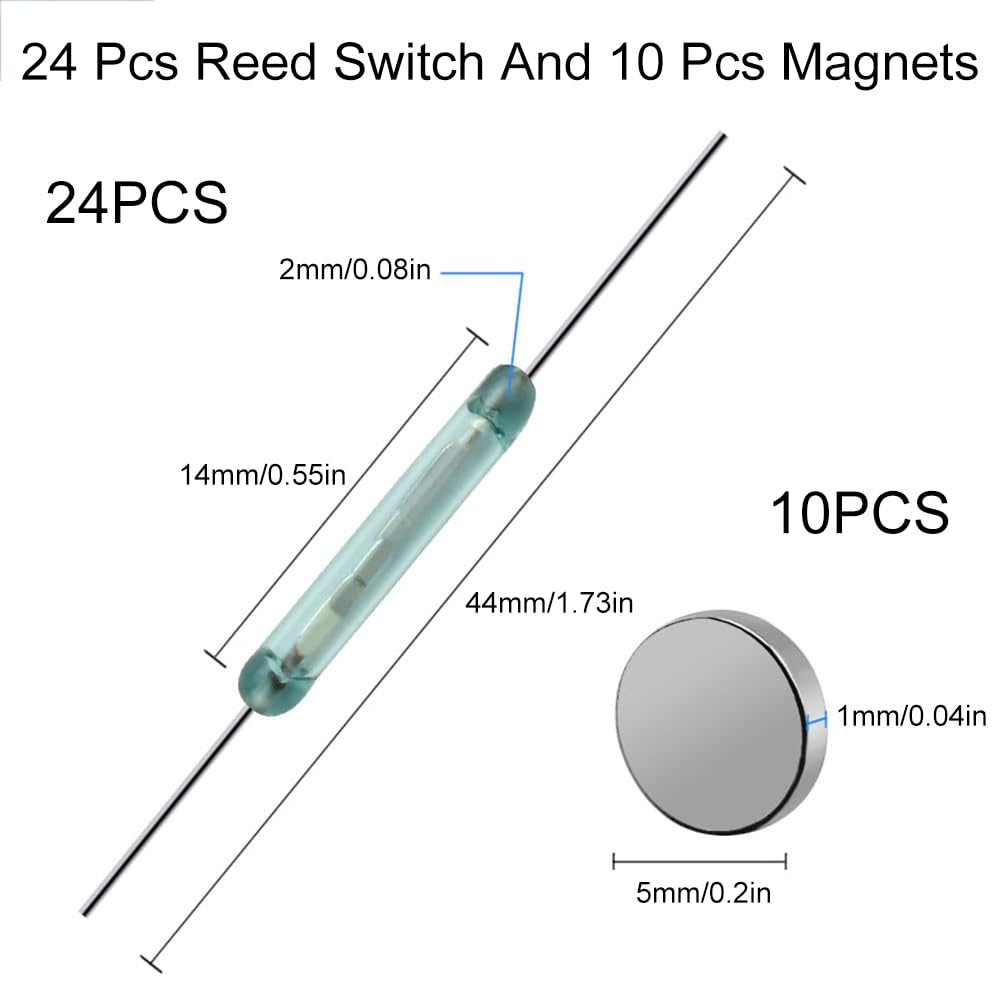 Przełączniki szklane Reed, 24 szt., styk Reed, magnetyczny przełącznik indukcyjny, z 10 magnesami