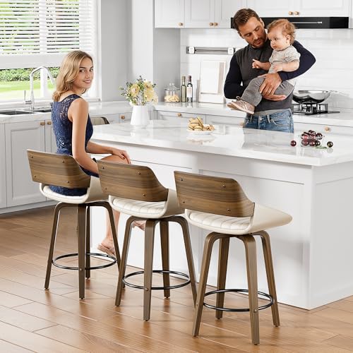 Image of YaFiti Swivel Bar Stools Set of 3, 26 inch Counter Height Barstools with Bentwood Back and Legs, Mid Century Modern Upholstered Faux Leather Counter Stools for Kitchen Island, Home Bar, Cream White