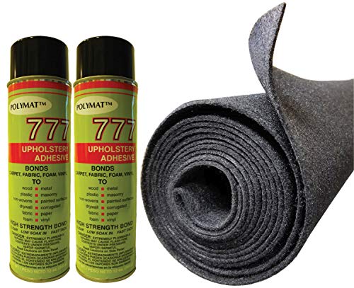 Polymat 2 cans 12 oz ea 777 Glue+ 16ft X 45\" W Charcoal Grey Speaker Box Carpet Truck Car Trunk Liner, Dash Cover, Home Wall Decor