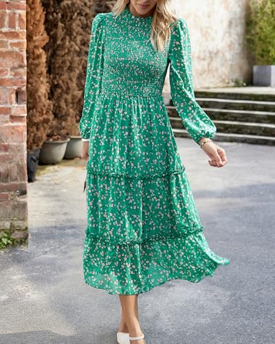 Image of NOLLSOM Women 2026 Spring Dress Floral Boho Dress Casual Long Sleeve Crew Neck Ruffle A-Line Flowy Wedding Guest Maxi Dresses