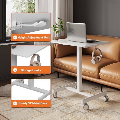 Image of Mobile Standing Desk on Wheels, Pneumatic Height Adjustable, White